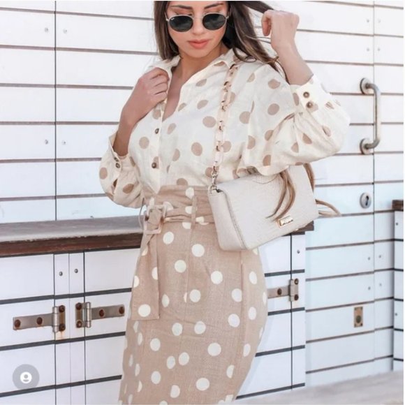 Zara Polka Dot belted linen blend midi skirt Beige XS NWT - Picture 6 of 9